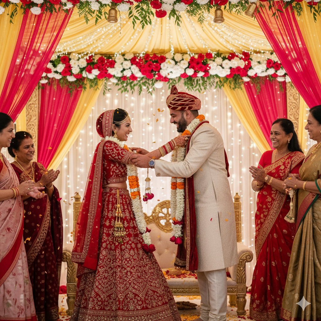 Varmala ceremony - bride and groom exchanging garlands